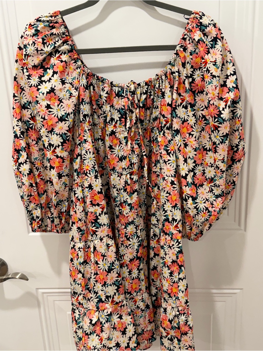 Floral Off-Shoulder Peasant Dress - Black Background with White & Coral Daisies